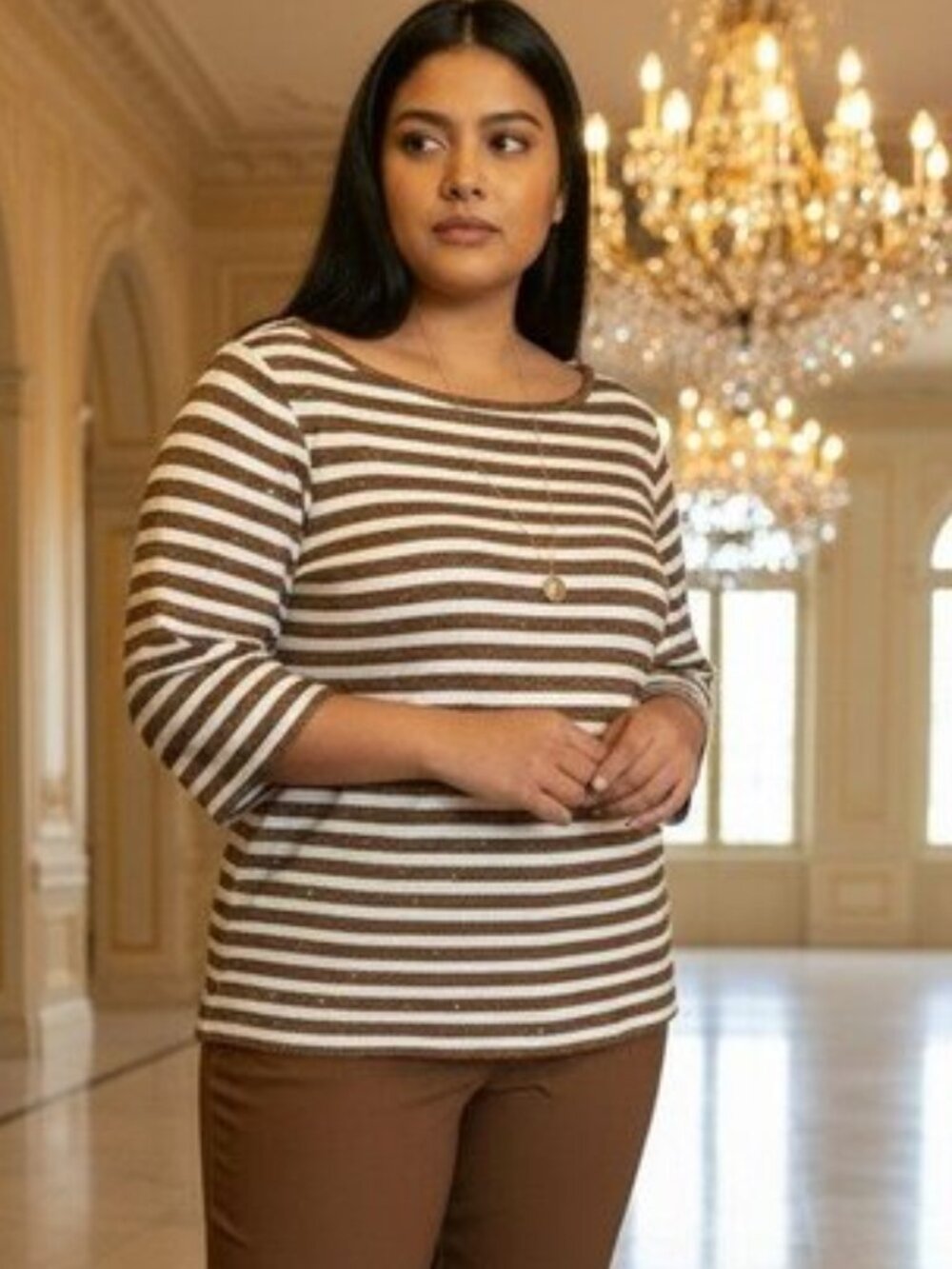 Talbots Size 2X -Stripe Brown sequin and white stripe top
